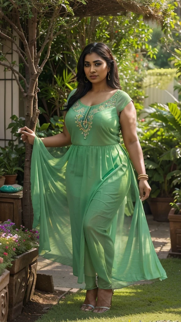 Garden scene, A radiant, full-figured South Indian 35 year old aunty a green colour chiffon mini frock , standing, in a garden, captured in a full-body image with vibrant hues and meticulous details. Full body image