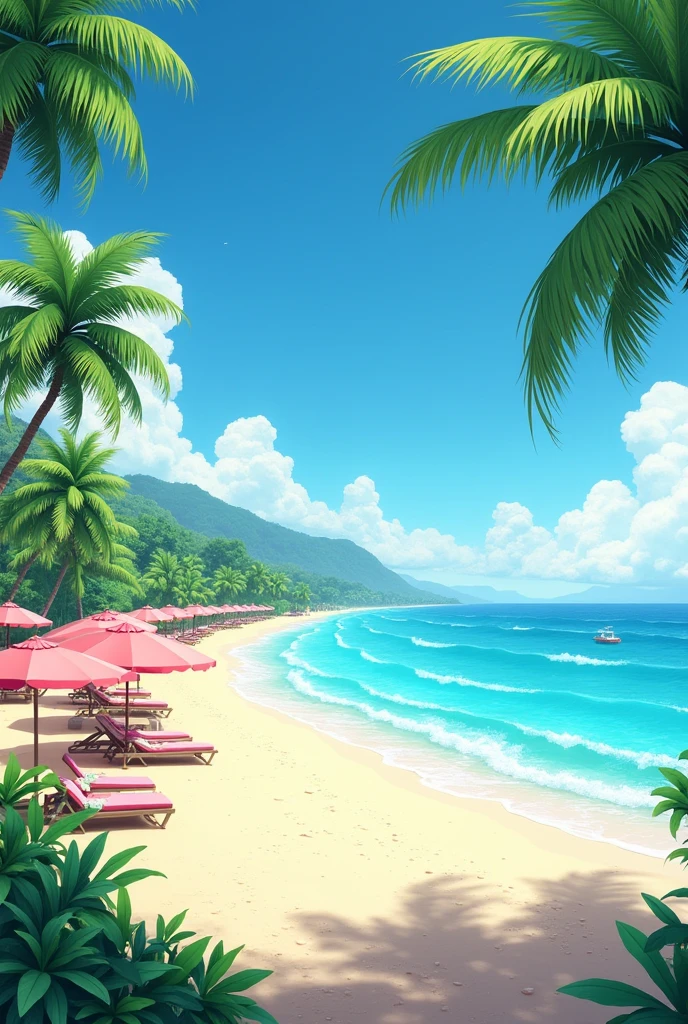 Beautiful beach with umbrellas on one side with no people with coconut trees and blue sky