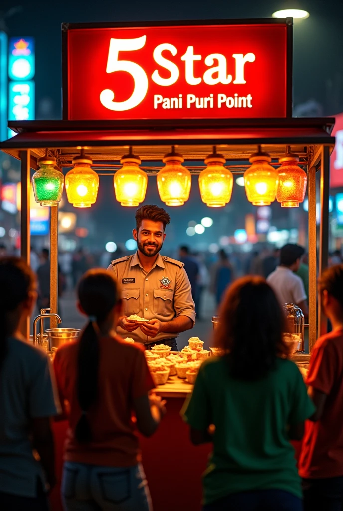  Steel material se banaa hua LED se Saja hua panch chini mitti ke jar jinmen jeera podina lahsun adrak nimbu aur hajmajam Naam likha Ho ke sath pani puri ek thele per jiske upar board per '5star Pani Puri point' name ho  mein Bhari Hui Jo ki left side mein lambai mein khada ho pani ka badhiya sink Laga Ho Aisa ek Pani puri ka thela banana hai photo ka view vyakti ke front side se hona chahie jismein panch customer pani puri kha rahe ho donon hath mein lekar
Panch swad wala ek adbhut swad ka Bhandar Jahan per ek vyakti Jo Puri uniform mein hathon mein galat sar per kaid hai na hua jiski dress per 5star pani puri point Naam likha Ho shirt ka rang black Ho or red color se likha ho 