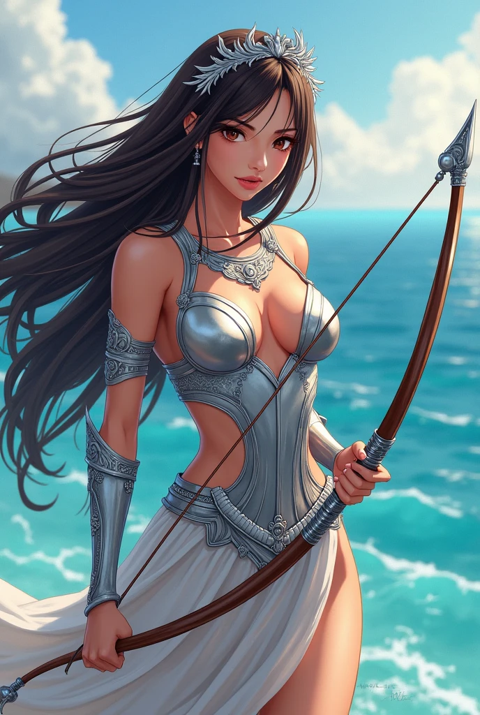 Greek anime girl with long dark brown hair, silver greek armour, wearing a laurel crown, holding a silver bow, and a backdrop of the aegean sea