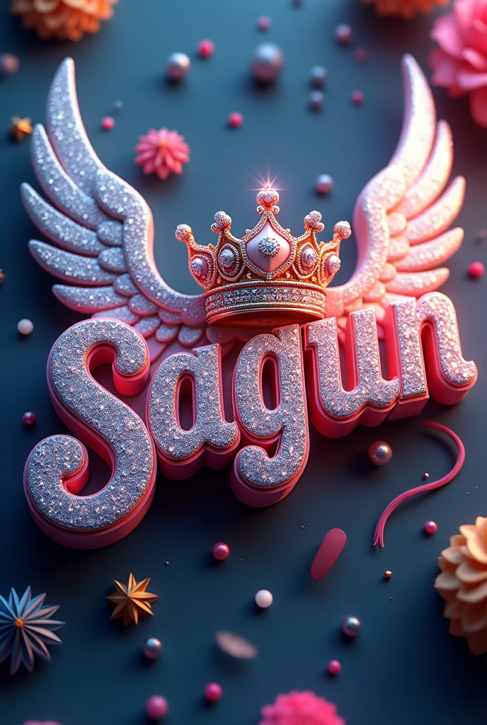 Elegant 3D typography with the name. "Sagun"with an elegant crown and fine diamonds with sparkles of bright colors and angel wings, photo, typography, vibrantv0.1, graffiti, illustration, photo, product, fashion, poster