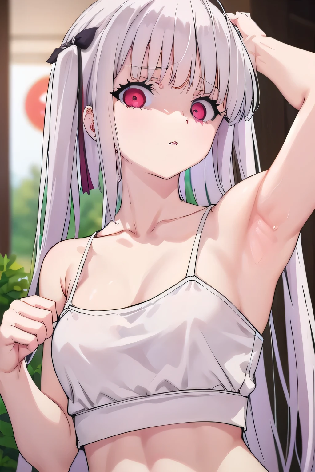 masterpiece, best quality, ultra-high-detailed, disgusted face, white hair, red eyes, sigtuna julie , small breast, looking viewer like a trash , deep eyes , front shot, room d, bare shoulder, showing shoulder, Collarbone , left arm behind head, armpit crease , left arms up, cynical look eyes, so close, near camera, upper body, focus to armpit, fit body , tanktop, croptop