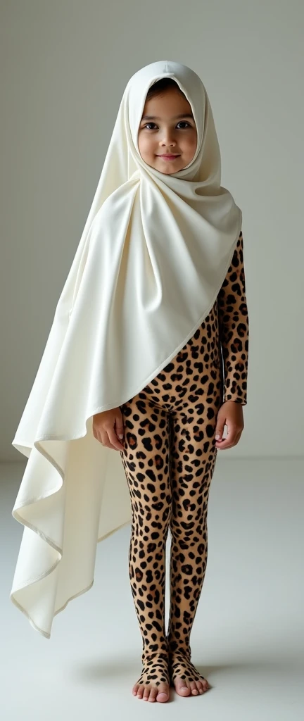 a beautiful and thin malaysian muslim  girl wears white leopard animal print lycra turtleneck unitard catsuit and white leopard animal print lycra dancewear hijab.