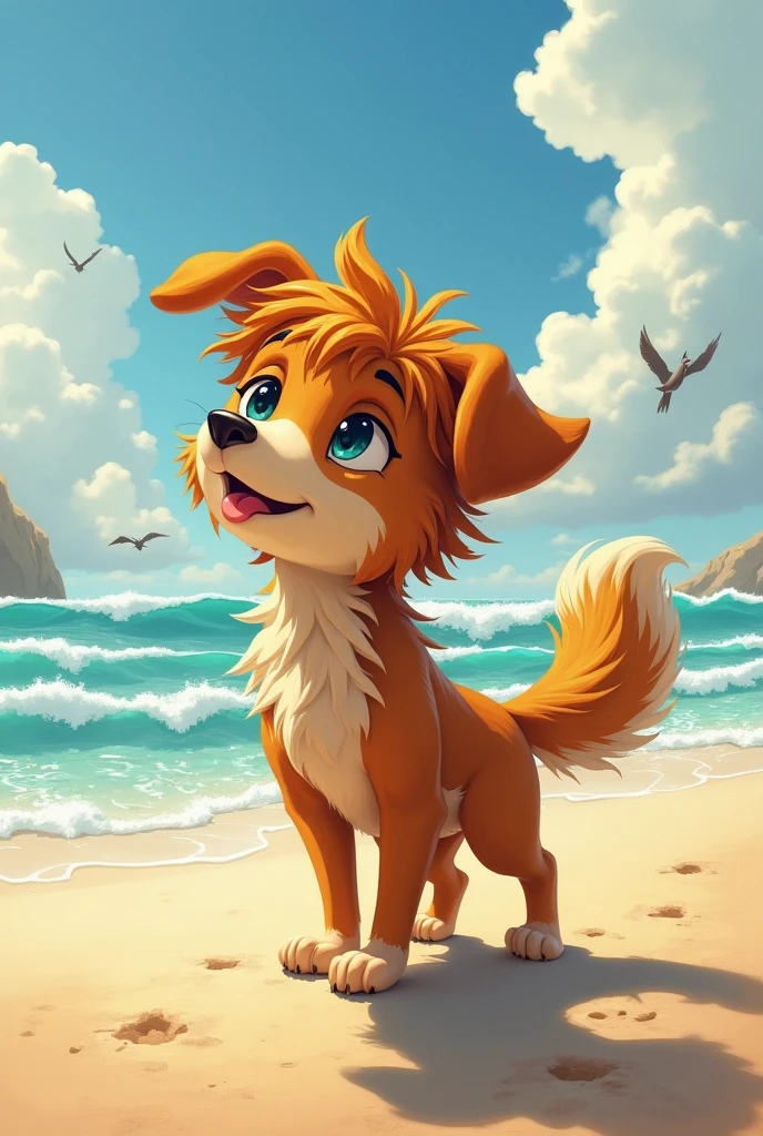 A boy on the beach as a dog