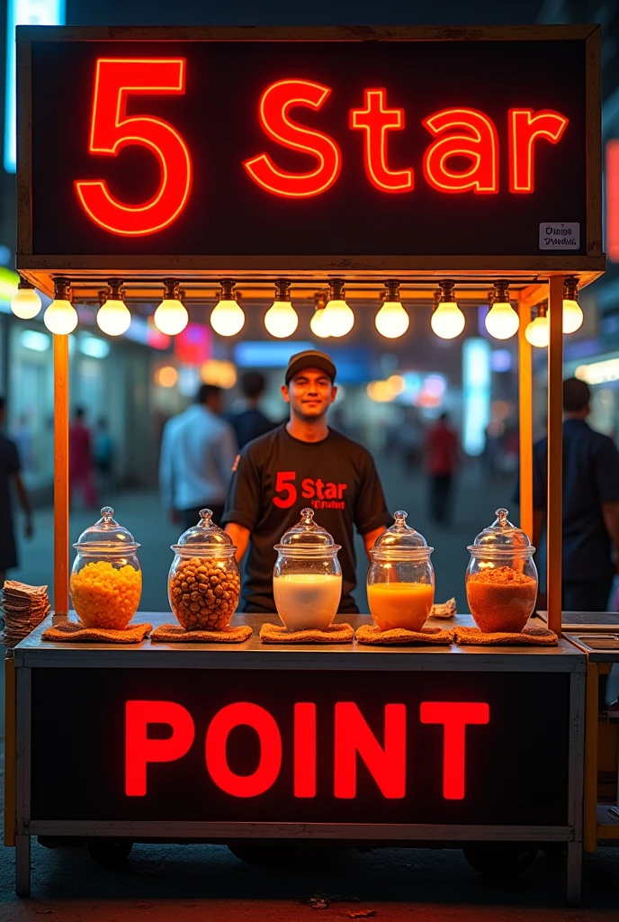 Steel material se banaa hua LED se Saja hua panch panch porcelain se nirmit jar ke sath pholi Hui brown currency pani puri ek thele per jiske upar board per '5star Pani Puri point' name ho mein Bhari Hui Jo ki left side mein lambai mein khada ho pani ka badhiya sink Laga Ho Aisa ek Pani puri ka thela banana hai
Panch swad wala ek adbhut swad ka Bhandar Jahan per ek vyakti Jo Puri uniform mein hathon mein galat sar per kaid hai na hua jiski dress per 5star pani puri point Naam likha Ho shirt ka rang black Ho or red color se likha ho
