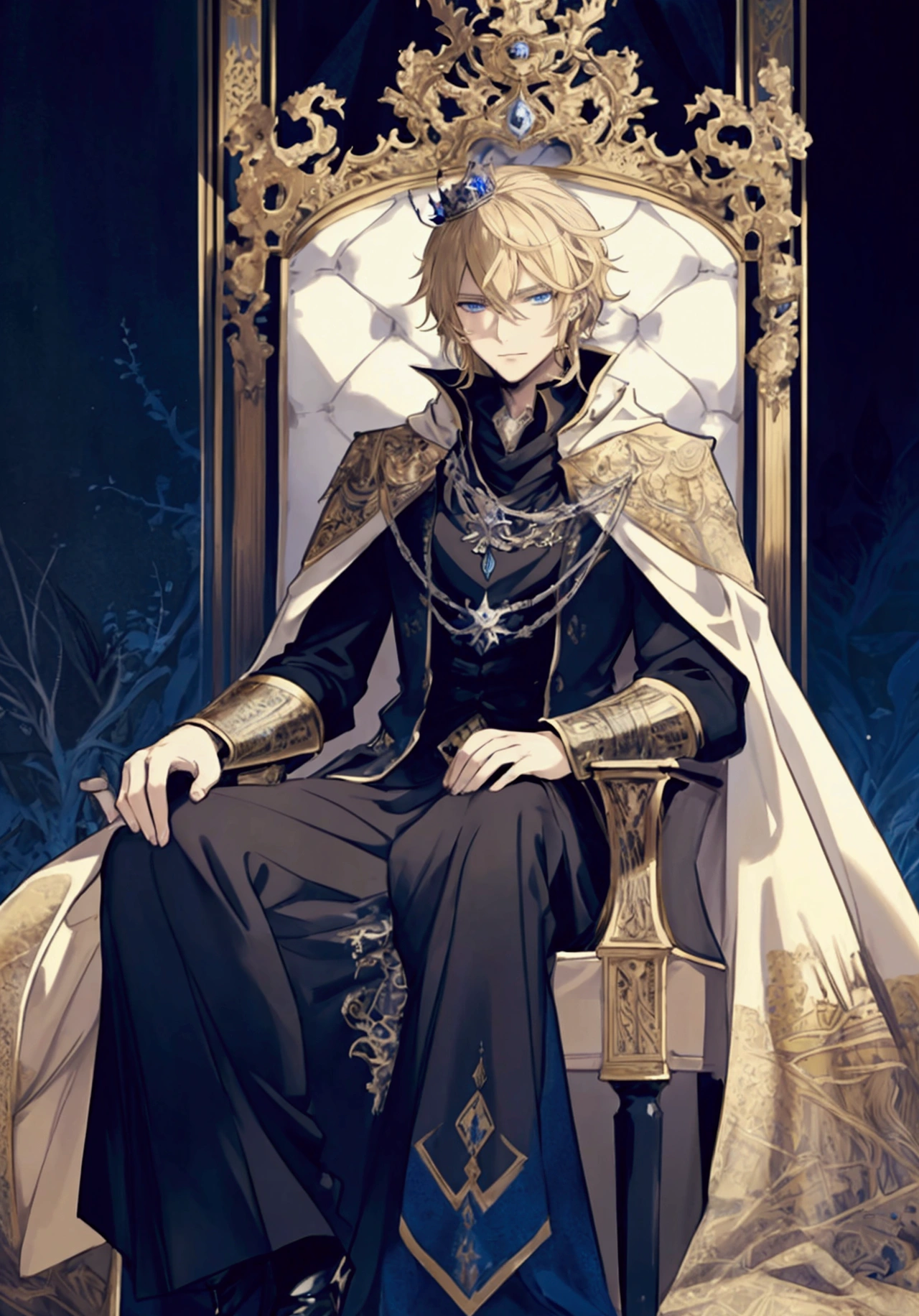 (Masterpiece), ((Highest Quality)),(Official Art),Dark european fantasy:1.2),(1 solo male anime king: 1.3), A mysterious king with straight yellow-blonde hair, blue eyes, intricate white-gold cape, wearing a large royal crown. He wields a large sword, standing in a dark throne room. Overcast nighttime. Dark lighting. Low brightness. Angle from below (close). Detailed drawing. Detailed eyes. Masculine jaws. Soft fairytale picture, Arthur Rackham. Colorful, best detailed ((super detailed)), (highly detailed 2D anime king illustration), ((dark and beautiful))