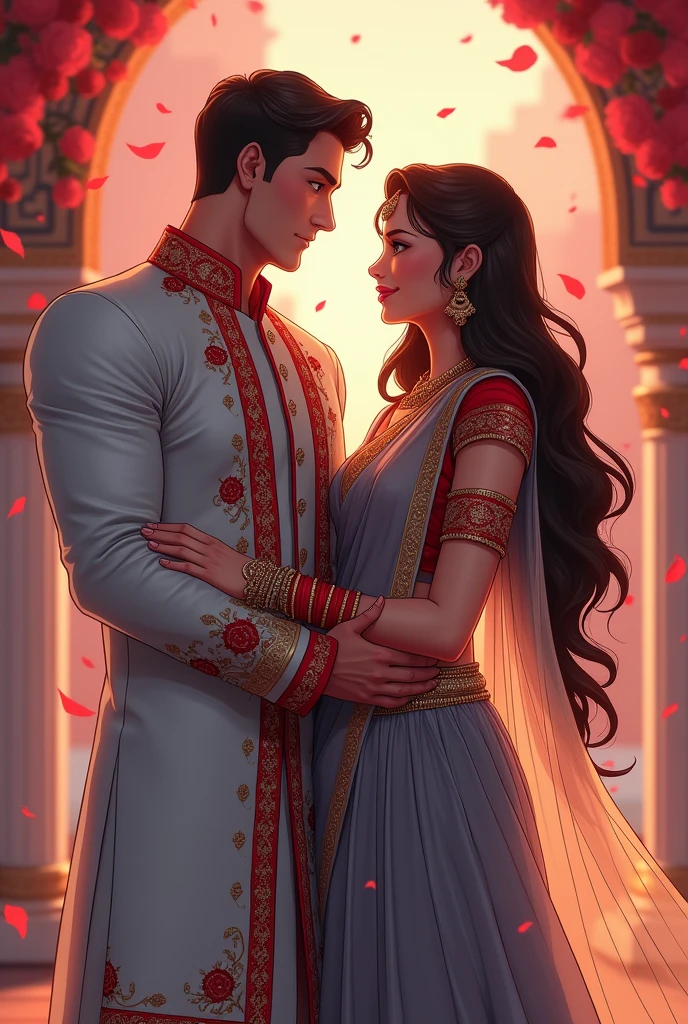 Marriage of couple wearing red n grey colour indian style marriage outfit, the wedding theme is grey n red colour, the boy has buff n strong body. The girl has nice long coffee brown long hair till her mid waist she's wearing grey saree . And the male is wearing grey shervani with red design on it. Create an anime please