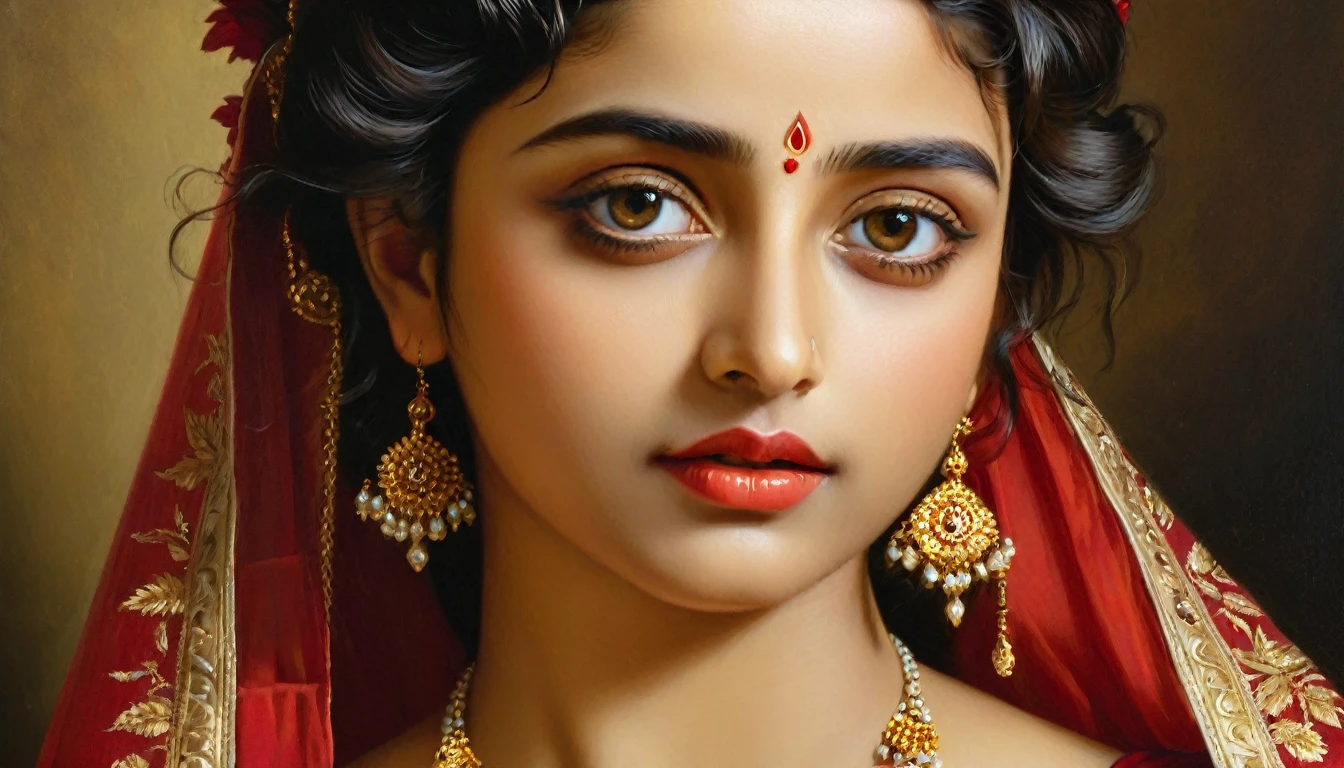 Beautiful Indian Woman Vidya Pradeep, wearing red saree, sari Beauty, gorgeous, Apsara, Maharani, royal queen woman, nymph from Hindu Mythology, Urvashi, matchless beauty, Highly detailed, Oil Painting by Peter Paul Rubens inspired by Raja Ravi Varma, Matchless beauty, captivating, gorgeous, heavenly beauty, celestial beauty, by Peter Paul Rubens, 13, realistic, hyper realistic, micro details, incredible artwork, insane details, ultra High resolution, 8k, 32k, acrylic on canvas, intricate, flawless, detailed, detailed face, detailed eyes, masterpiece, by Peter Paul Rubens, by Caravaggio, by William Adolphe Bouguereau, perfect face, perfect body, beautiful art, realism, baroque, renaissance Art, highly textured, beautiful and detailed eyes, uhd, best quality,