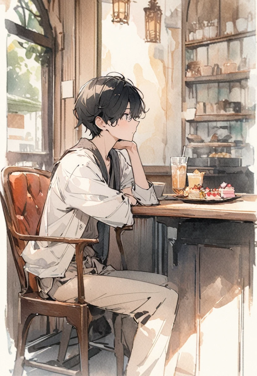 masterpiece,最high quality,Very detailed,High resolution backgrounds,8k,there is nothing,high quality,break,japanese manga style, sketch, Watercolor Colors,Cafe with a nice atmosphere,antique interior,Stylish interior,,slowly,relax,sweets, A boy is sitting on a chair、solo、Get closer to your subject、Black Hair