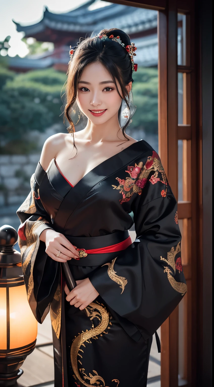 8K Ultra HD, Digital SLR,Film Grain, Fujifilm XT3,(Highest quality:1.3), (masterpiece:1.1), High resolution, Cinematic Light, Intricate details, (Realistic) (Night view) Realistic backlight、Dramatic reddish light、Beautiful Japanese Geisha full body photo, ((Facial texture Pore details)), Grin、Devilish smile, Simple messy hairstyle, She wears a black satin kimono decorated with traditional dragon motifs.., Open shoulders, Colorful dragon tattoos all over the body, Has a long blade, Long-bladed Japan sword in hand,Inside a traditional villa, 8k, Front blur