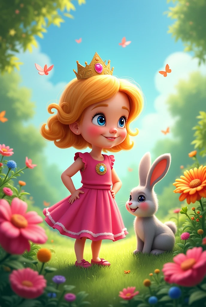 Cover Illustration:
 
- A whimsical scene depicting Princess Pip in her bright pink dress, with a big, sparkling button. She is standing in a lush green garden, surrounded by blooming flowers and butterflies. Bun Bun the bunny sits beside her, looking up at her with a playful smile. The overall tone of the illustration should be bright, cheerful, and inviting.
     