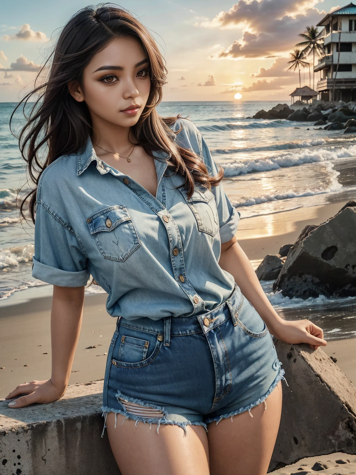 (SFW, Beautiful aesthetic sexy Malaysian|Filipina female model:1.3), thicc hourglass figure, wearing denim shorts and shirt, long messy hair, beach ruins at sunrise, soft fill lighting, freckles, perfect eyeliner and eyeshadow
