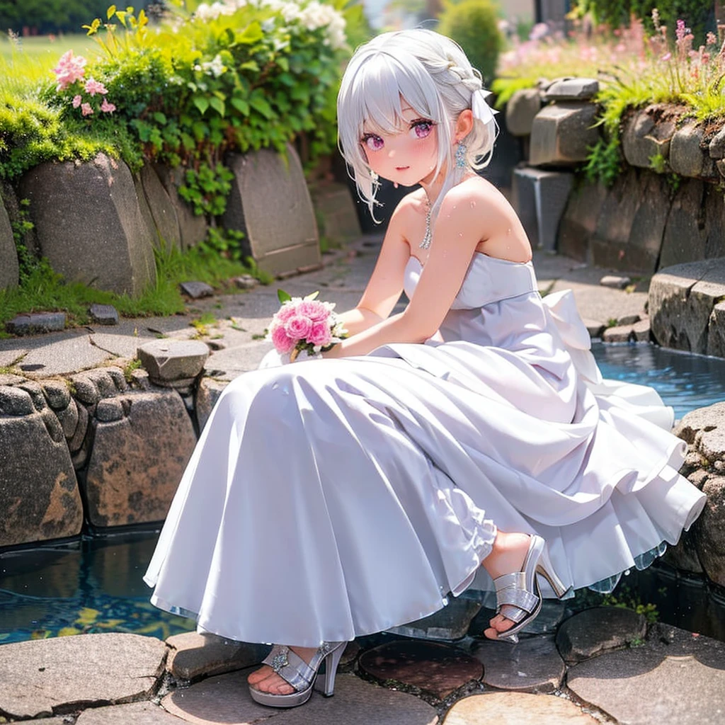 1girl, Solo, wedding dress, white hair, pink eyes, blushing, earrings, masterpiece, high heels, earrings, water, wet, laying fown