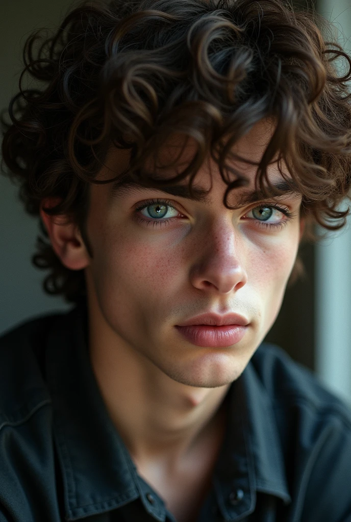 make me a picture of an 18 year old boy with brown curly hair, have sharp blue eyes