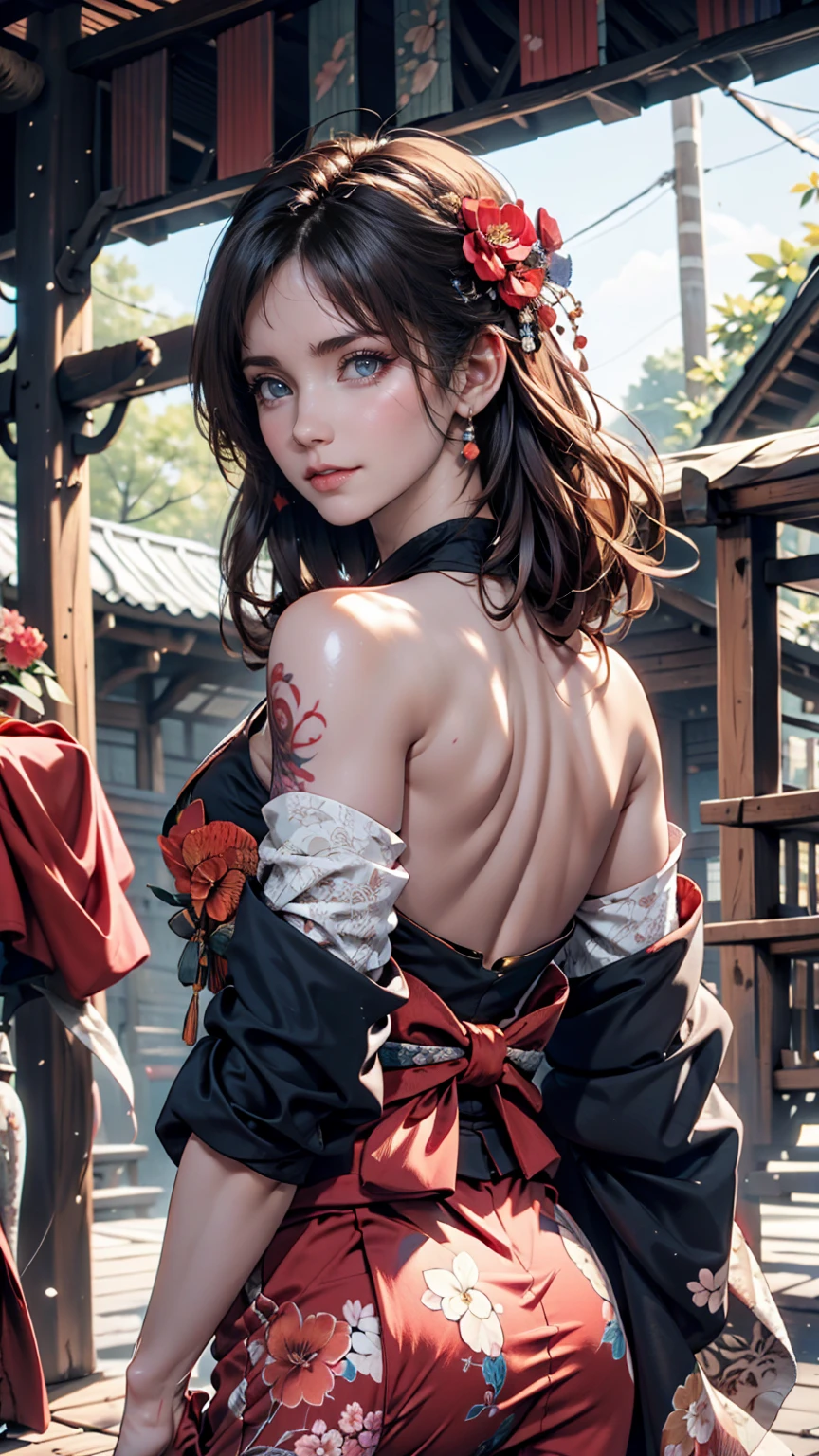 masterpiece, Highest quality, Highest quality, Official Art, beautifully、aesthetic:1.2),One person, tattoo, alone, kimono, Red and black kimono, hair ornaments, unsheathing, Black Hair, sheath, back tattoo, dragon tattoo, blue eyes, Off the shoulder, Exposing shoulders, Recall, From behind, flower, View your viewers, Holding, compensate, Outdoor,