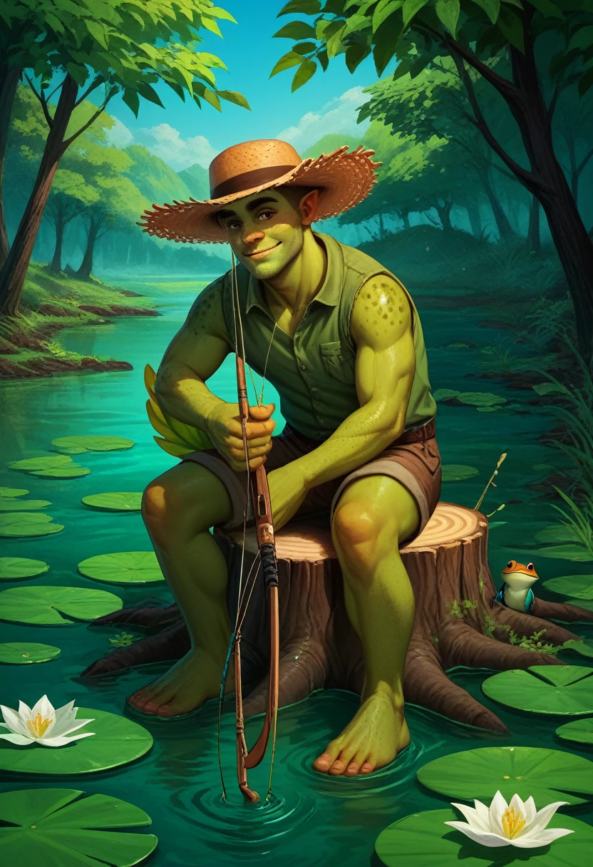 Fraction_9, Fraction_8_up, Fraction_7_up, Solitary, Male focus,Shrek, Green Skin,landscape,swamp,lily pad,straw hat,holding fishing rod,A faint smile,Leaves,frog,birds,Sitting on a tree stump,outdoor 