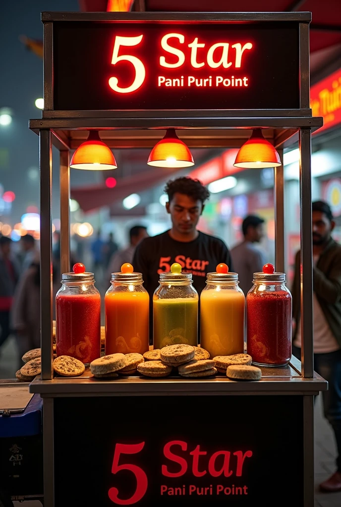  Steel material se banaa hua LED se Saja hua panch panch porcelain se nirmit jar  ke sath pholi Hui brown currency pani puri ek thele per jiske upar board per '5star Pani Puri point' name ho  mein Bhari Hui Jo ki left side mein lambai mein khada ho pani ka badhiya sink Laga Ho Aisa ek Pani puri ka thela banana hai 
Panch swad wala ek adbhut swad ka Bhandar Jahan per ek vyakti Jo Puri uniform mein hathon mein galat sar per kaid hai na hua jiski dress per 5star pani puri point Naam likha Ho shirt ka rang black Ho or red color se likha ho 