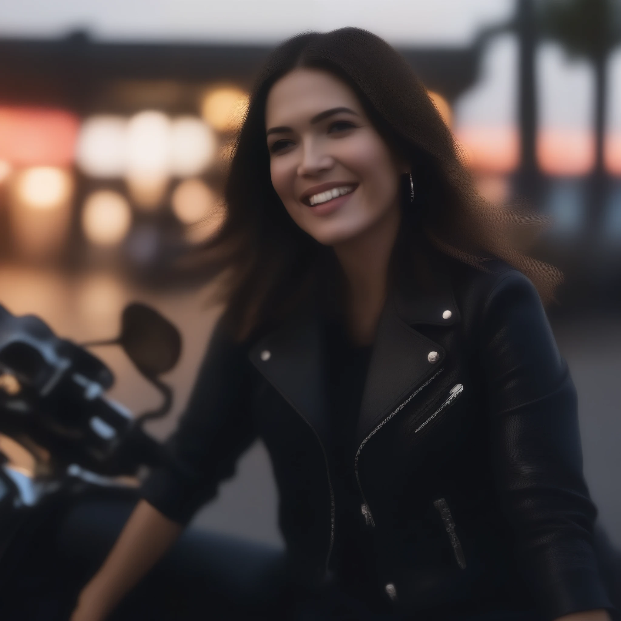 best quality, highres, 8k, masterpiece, photography, Mandy Moore poses with an American Chopper motorcycle as a biker girl, 40 years old, a girl, long hair, (real skin texture: 1.3), (slender figure: 1.1), bright and shiny lips, (Immersive Ambience, Chiaroscuro: 1.5, Dim Light: 1.2, Glow Lighting), (Bokeh: 1.5), Blurred, delicate facial features, leather jacket and bra, fishnets, boots, night, lounging on the bed, high contrast, (Fuji colors: 1.5), film grain