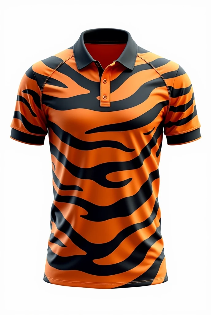 Create for me CRICKET jersey pattern design tiger stripe orange black full pattern black collar white background / wrote PODONGCRIC