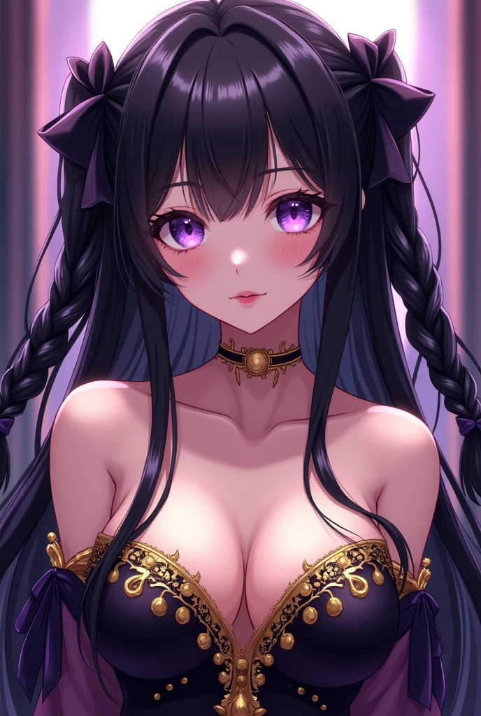 anime girl with purple eyes, She has long black hair, She has two braids in her hair, each one to one side, She has a bow in each ponytail, has a beautiful face, has some cute features, has a sensual personality, He has a look that looks like an iceberg, She has beautiful purple eyes. his eyes are bright, She has long black hair, Her hair reaches to her knees, She has huge tits, You have giant tits, She has big breasts, She has a low-cut dress, with golden ornaments, The dress is purple with black, He is looking straight ahead and only up to his waist is visible 