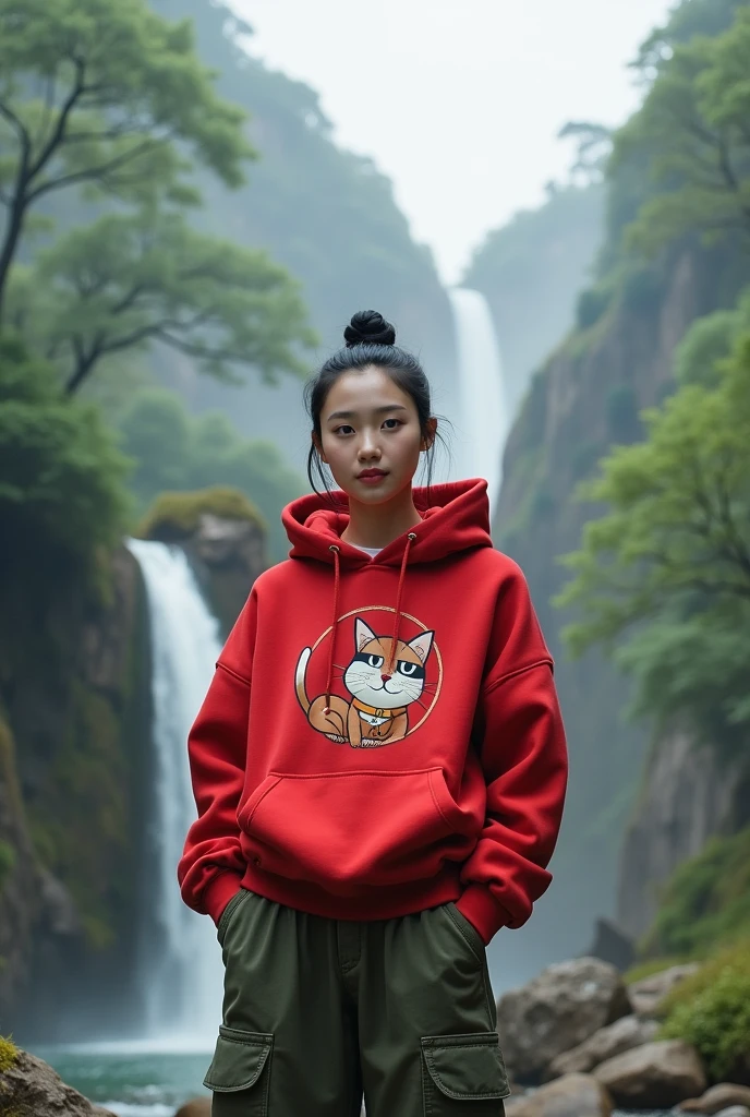 Beautiful Korean girl, smooth white skin, well-groomed face, black hair tied in a bun, red hoodie, decorated with a large Angora cat motif.
, Long cargo pants, a faint smiling expression, the background is surrounded by lush mountains, tall trees, rocky cliffs, and flowing waterfalls, with fog and sunlight through the realistic trees, real photos,
