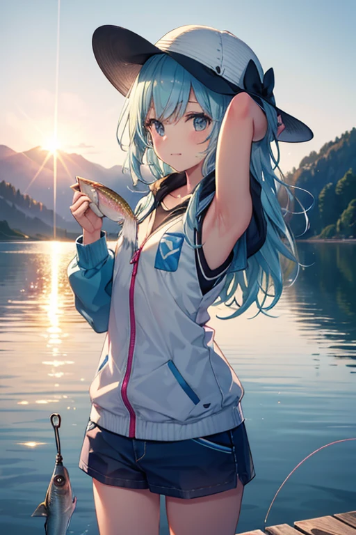 A girl, rainbow trout, Hanging the caught fish on a fishing line, Armpit, arm, morning lake, water surface shining in the morning sun, fishing jacket, fishing hat, Laugh with a crumpled face