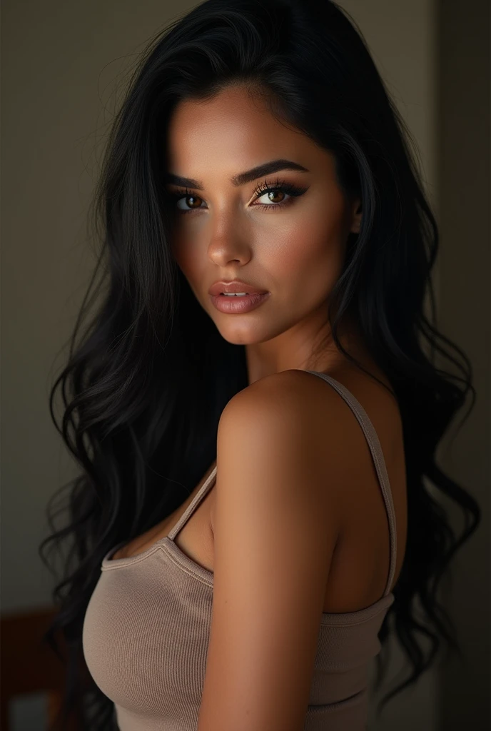 extreme close-up portrait, ultra realistic, photography, long black straight hair, (30 years old, hazel eyes, hourglass figure, perfect fit body, slightly tanned skin, natural big breasts), Long eye lashes, seductive eyes, Award Winning Glamour Photograph extremely detailed award winning glamour photograph, front lit, HDR, she wears a tight roundneck crop-top, she has a flirty look and her lips are slightly parted,
