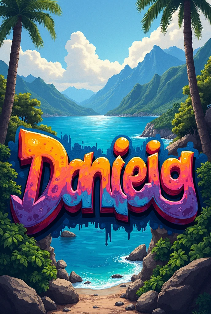 A graffiti on a wall with the name DANIREIG with wonderful colors and a background of a mountain and the sea and trees