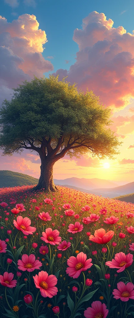 There are huge flowers, Field of Flowers on the Hill, big tree, spectacular sunrise light, impressive paint, colored clouds, Digital paint, pointillism, art station, 8k