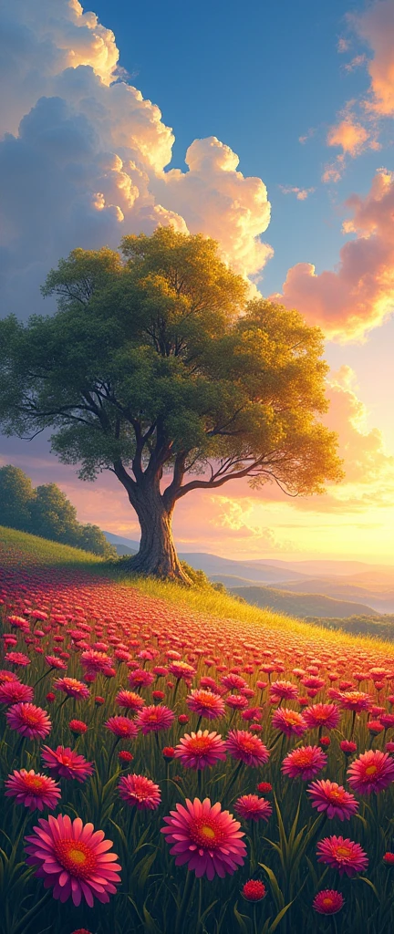 There are huge flowers, Field of Flowers on the Hill, big tree, spectacular sunrise light, impressive paint, colored clouds, Digital paint, pointillism, art station, 8k