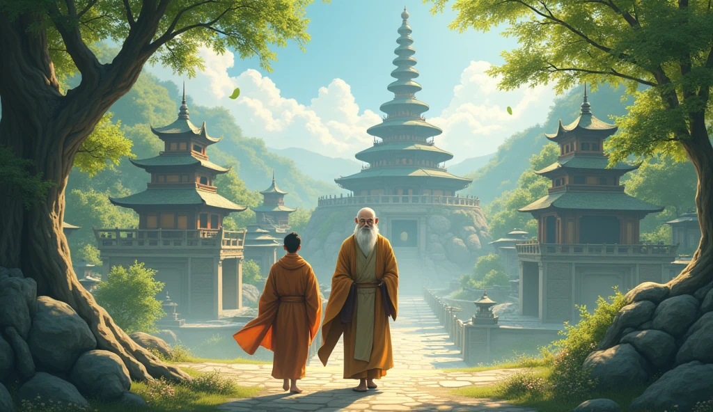 Chinese Old monk sensei walking with his monk student, surrounded by temples, beautiful trees, in anime style, beautiful scenario,