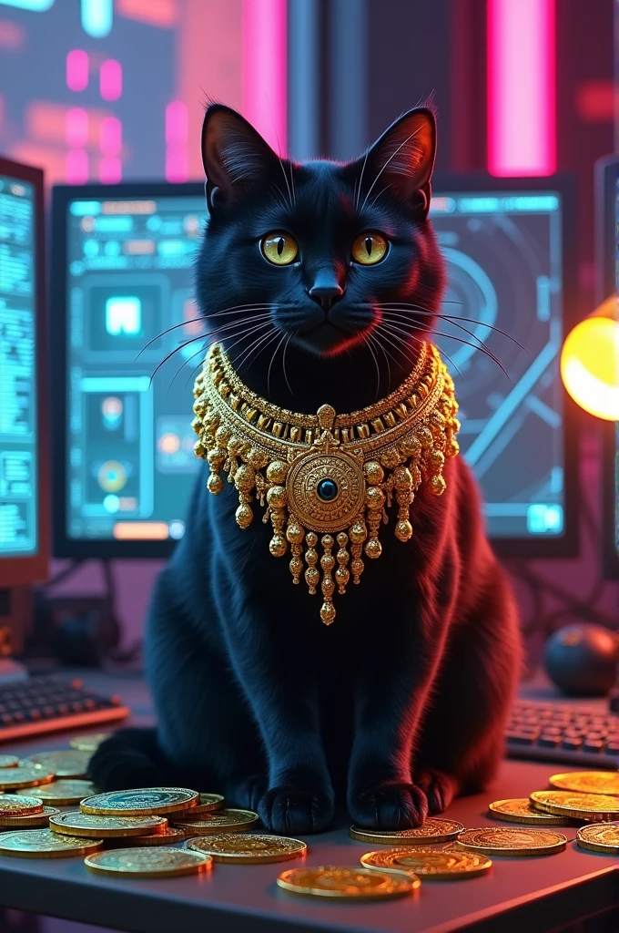 cat with a big and golden necklace and a lot of bitcoins sitting on the desk near a computer in cyberpunk neon