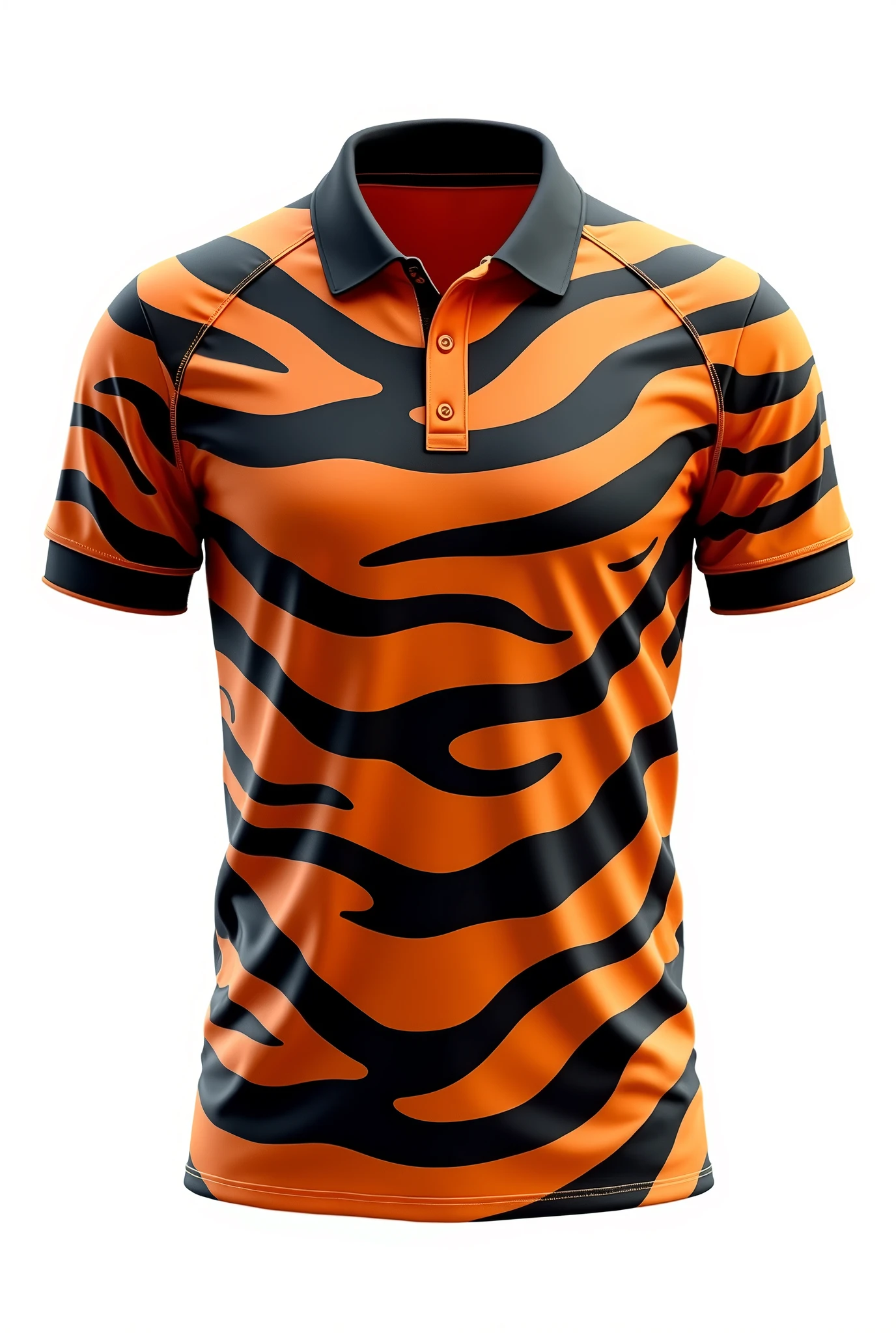 Create for me CRICKET jersey  pattern design tiger stripe  orange black full pattern black collar white background /  wrote PODONGCRIC 