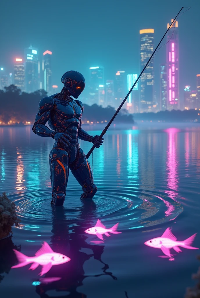 A robotic fisherman in a neon lake, with bioluminescent fish and a futuristic cityscape in the background.