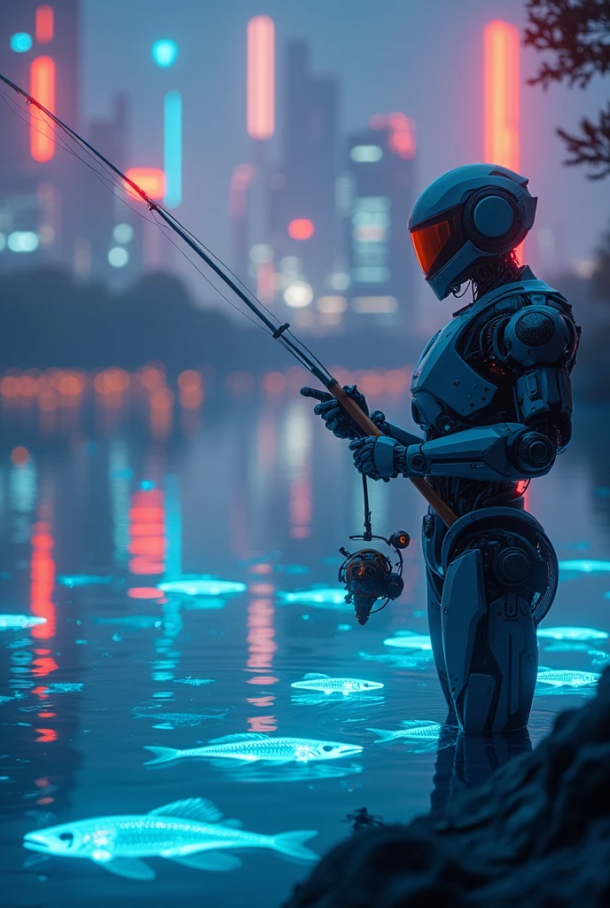 A robotic fisherman in a neon lake, with bioluminescent fish and a futuristic cityscape in the background.