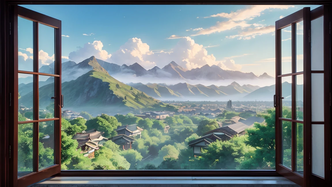 landscape, View from the window, Anime Style, countryside, Mountains and clouds are visible in the background.  