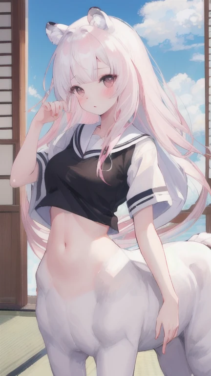 (best quality, masterpiece), 1 girl, centaur, I beg, White skin, Japanese schoolgirl,daughter,black pink, exposing the abdomen, belly button t-shirt , beautiful girl perfect, White tiger photo, 완벽한 White tiger photo