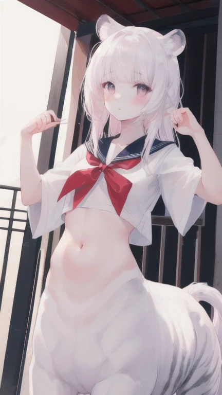 (best quality, masterpiece), 1 girl, centaur, I beg, White skin, Japanese schoolgirl,daughter,black pink, exposing the abdomen, belly button t-shirt , beautiful girl perfect, White tiger photo, 완벽한 White tiger photo