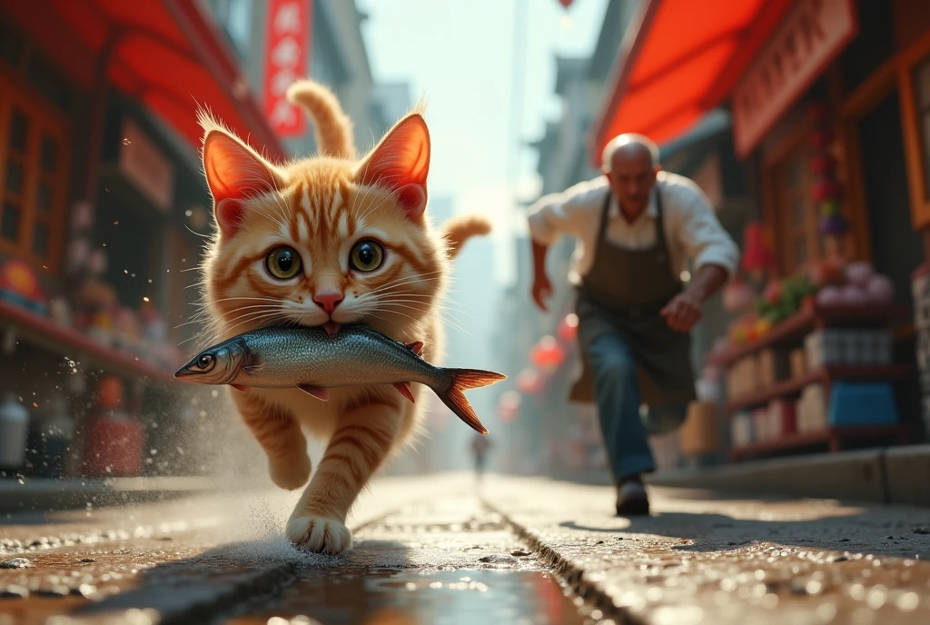 realistic style, photo, photorealistic, high detail, (sharp), (photorealism:1.2), (photo:1.2) of a mischievous cat is running away after stealing a fish from a busy fish market. The cat has a fish in its mouth and is darting through the streets. Behind it, a furious fishmonger is chasing the cat, yelling in frustration. The scene is lively, with the fishmonger’s apron flapping and the cat’s fur slightly ruffled as it escapes. [Un gatto birichino sta scappando dopo aver rubato un pesce in una pescheria affollata. Il gatto ha un pesce in bocca e sta sfrecciando per le strade. Dietro di lui, un pescivendolo furioso lo insegue, urlando con frustrazione. La scena è vivace, con il grembiule del pescivendolo che svolazza e il pelo del gatto leggermente arruffato mentre fugge.]