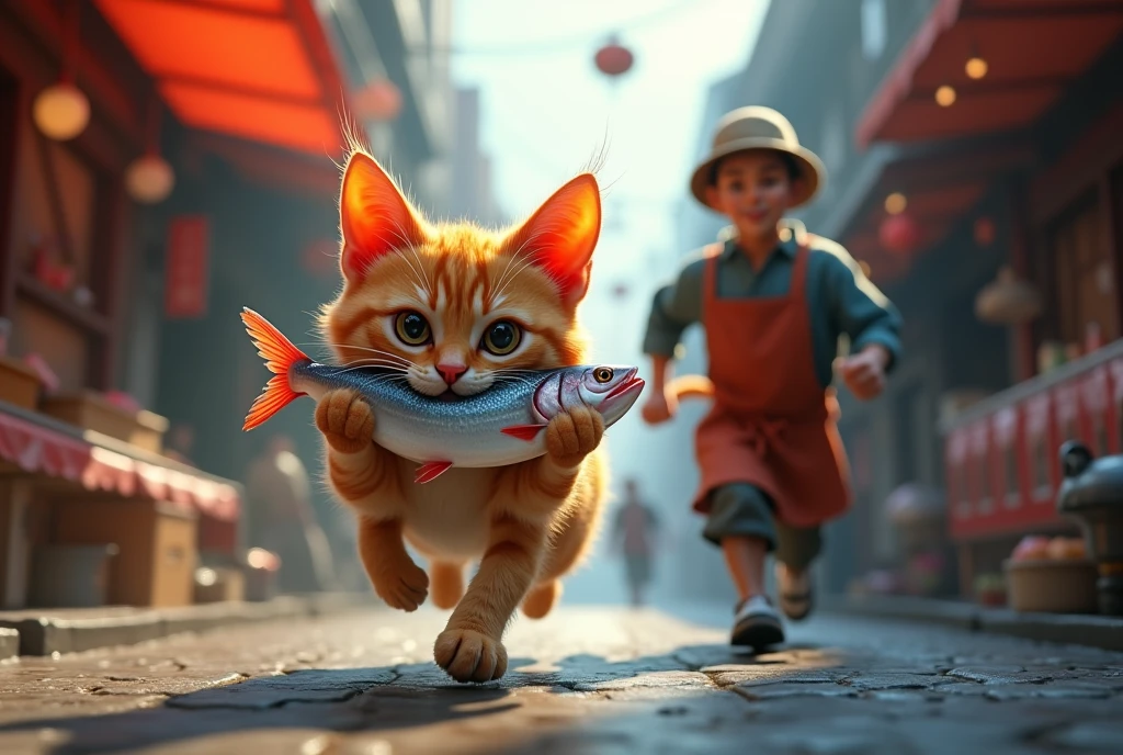 realistic style, photo, photorealistic, high detail, (sharp), (photorealism:1.2), (photo:1.2) of a mischievous cat is running away after stealing a fish from a busy fish market. The cat has a fish in its mouth and is darting through the streets. Behind it, a furious fishmonger is chasing the cat, yelling in frustration. The scene is lively, with the fishmonger’s apron flapping and the cat’s fur slightly ruffled as it escapes. [Un gatto birichino sta scappando dopo aver rubato un pesce in una pescheria affollata. Il gatto ha un pesce in bocca e sta sfrecciando per le strade. Dietro di lui, un pescivendolo furioso lo insegue, urlando con frustrazione. La scena è vivace, con il grembiule del pescivendolo che svolazza e il pelo del gatto leggermente arruffato mentre fugge.]
