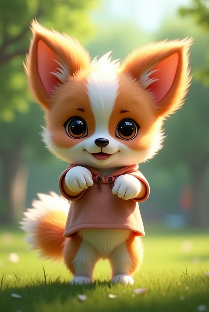 A small Papillon puppy standing facing forward with its front legs raised。
Big eyes with a cute, human-like expression。Slightly larger head than body。limbs are short。A fluffy, large tail。
Short sleeve T-shirt outfit。Glossy texture。
The background is a park。

