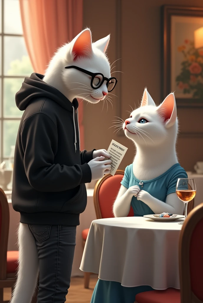 A tall white cat dressed in black hoodie and black jeans with black glasses talking cell number written on paper from of beautiful white female cat dressed in blue frock with served food in restaurant