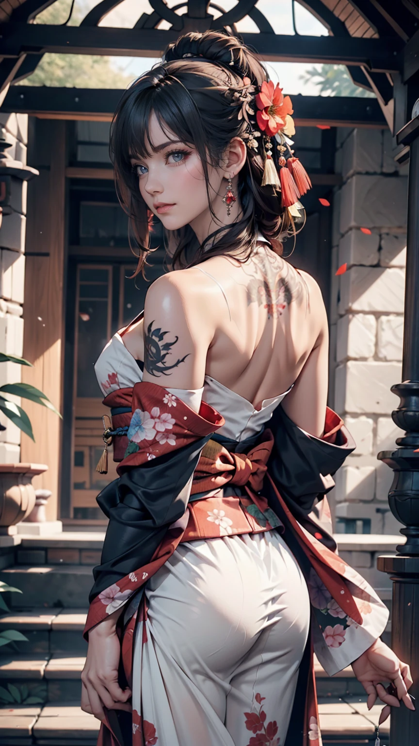 masterpiece, Highest quality, Highest quality, Official Art, beautifully、aesthetic:1.2),One person, tattoo, alone, kimono, Red and black kimono, hair ornaments, unsheathing, Black Hair, sheath, back tattoo, dragon tattoo, blue eyes, Off the shoulder, Exposing shoulders, Recall, From behind, flower, View your viewers, Holding, compensate, Outdoor,