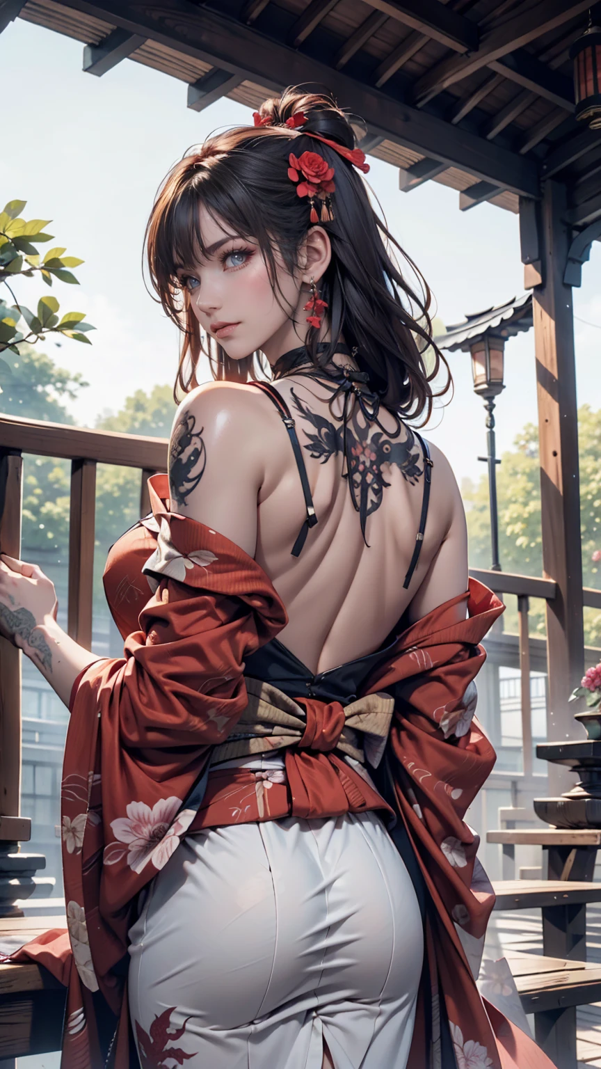 masterpiece, Highest quality, Highest quality, Official Art, beautifully、aesthetic:1.2),One person, tattoo, alone, kimono, Red and black kimono, hair ornaments, unsheathing, Black Hair, sheath, back tattoo, dragon tattoo, blue eyes, Off the shoulder, Exposing shoulders, Recall, From behind, flower, View your viewers, Holding, compensate, Outdoor,