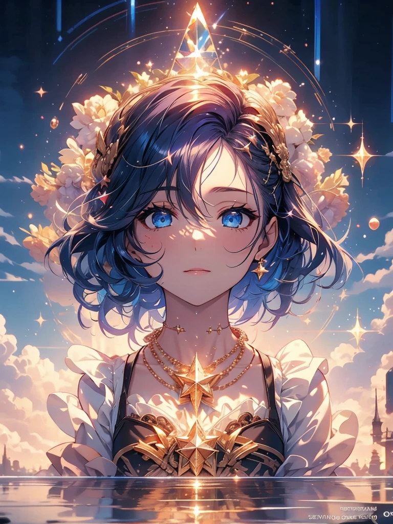 girl, Located in the corner, looking at the Sky, Solitary, Mona (Genshin Impact), Necklace, Hair between the eyes, Star (Symbolism), Long hair, Dark purple hair, Double tail, blue eyes, Shining eyes, jewelry, witch, maid, Bangs, Purple black dress, Purple skirt, White apron, landscape, night Sky, Star (Sky), Starry Sky, night, outdoor, cloud, reflection, water, magic, Tarot cards, water magic, ((beautiful golden crystal Star)), space, water droplets, splash, Octane Render