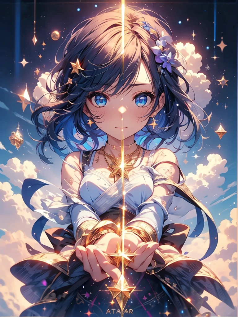 girl, Located in the corner, looking at the Sky, Solitary, Mona (Genshin Impact), Necklace, Hair between the eyes, Star (Symbolism), Long hair, Dark purple hair, Double tail, blue eyes, Shining eyes, jewelry, witch, maid, Bangs, Purple black dress, Purple skirt, White apron, landscape, night Sky, Star (Sky), Starry Sky, night, outdoor, cloud, reflection, water, magic, Tarot cards, water magic, ((beautiful golden crystal Star)), space, water droplets, splash, Octane Render