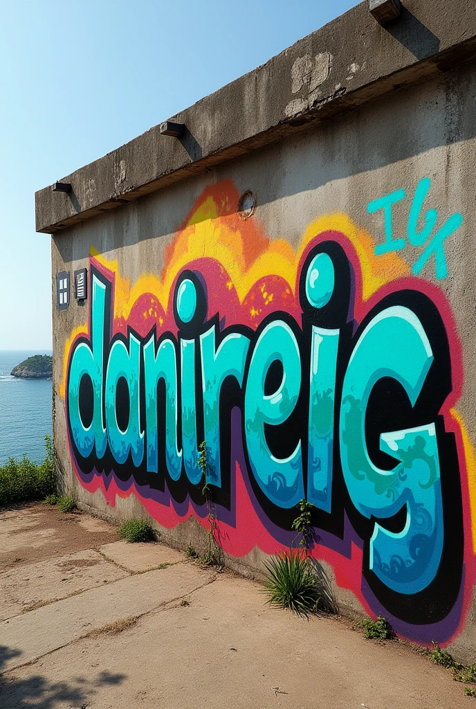 A graffiti on a wall with the name DANIREIG with wonderful colors and a background of a bay