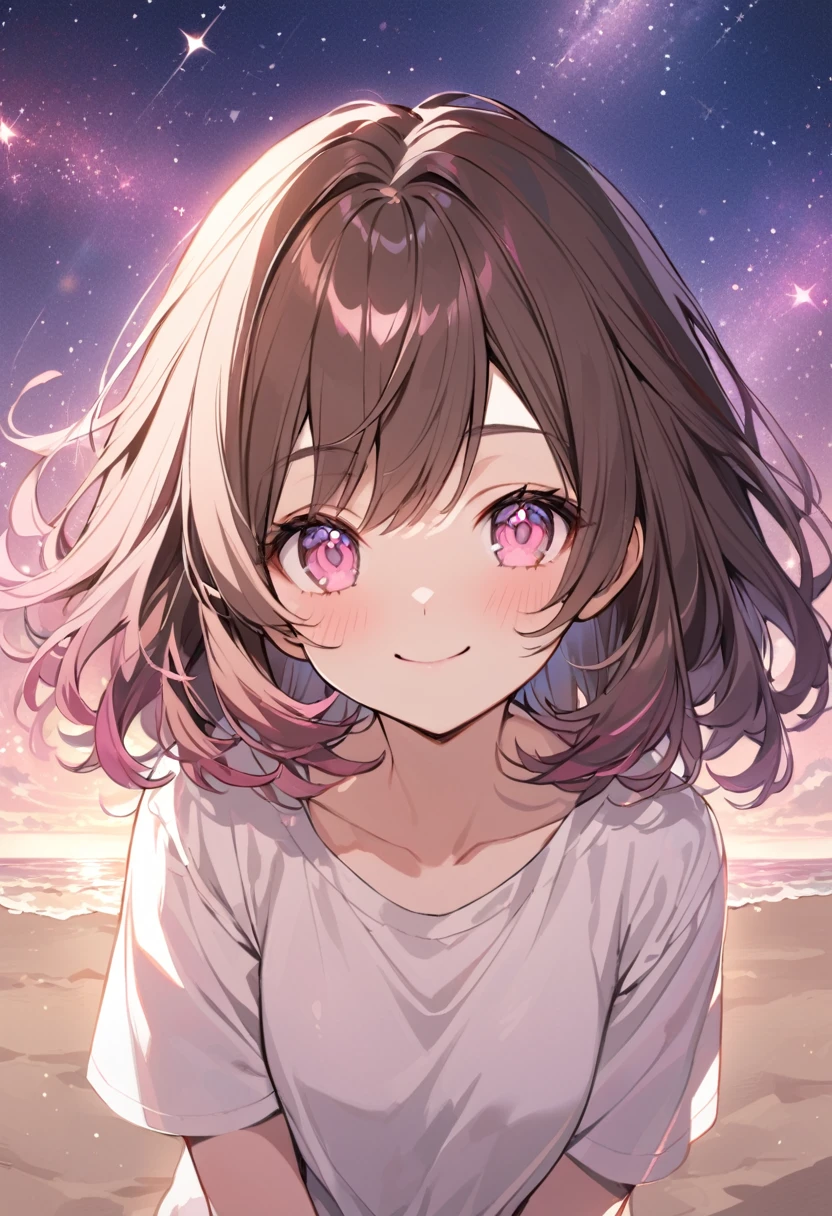 good looking, alone, 1 female, Medium Hair, Brown Hair, Pink highlights on the tips, Pale pink eyes,Smile Facial,Pink starry sky,Short sleeve,Sandy Beach