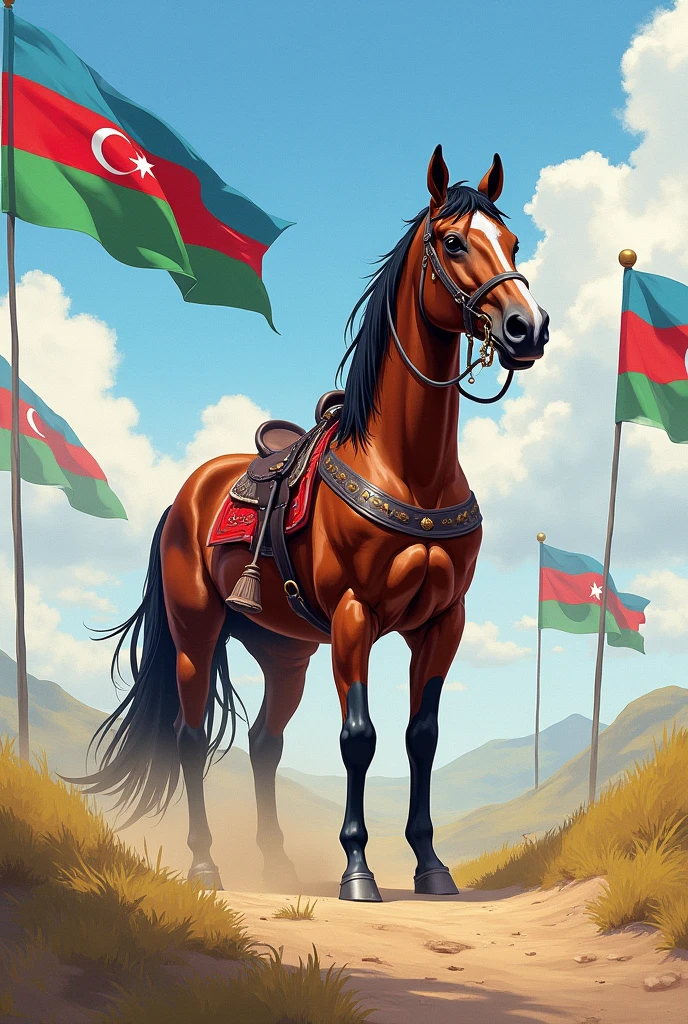 Horse in Azerbaijan with flags and background city Shusha watercolor 