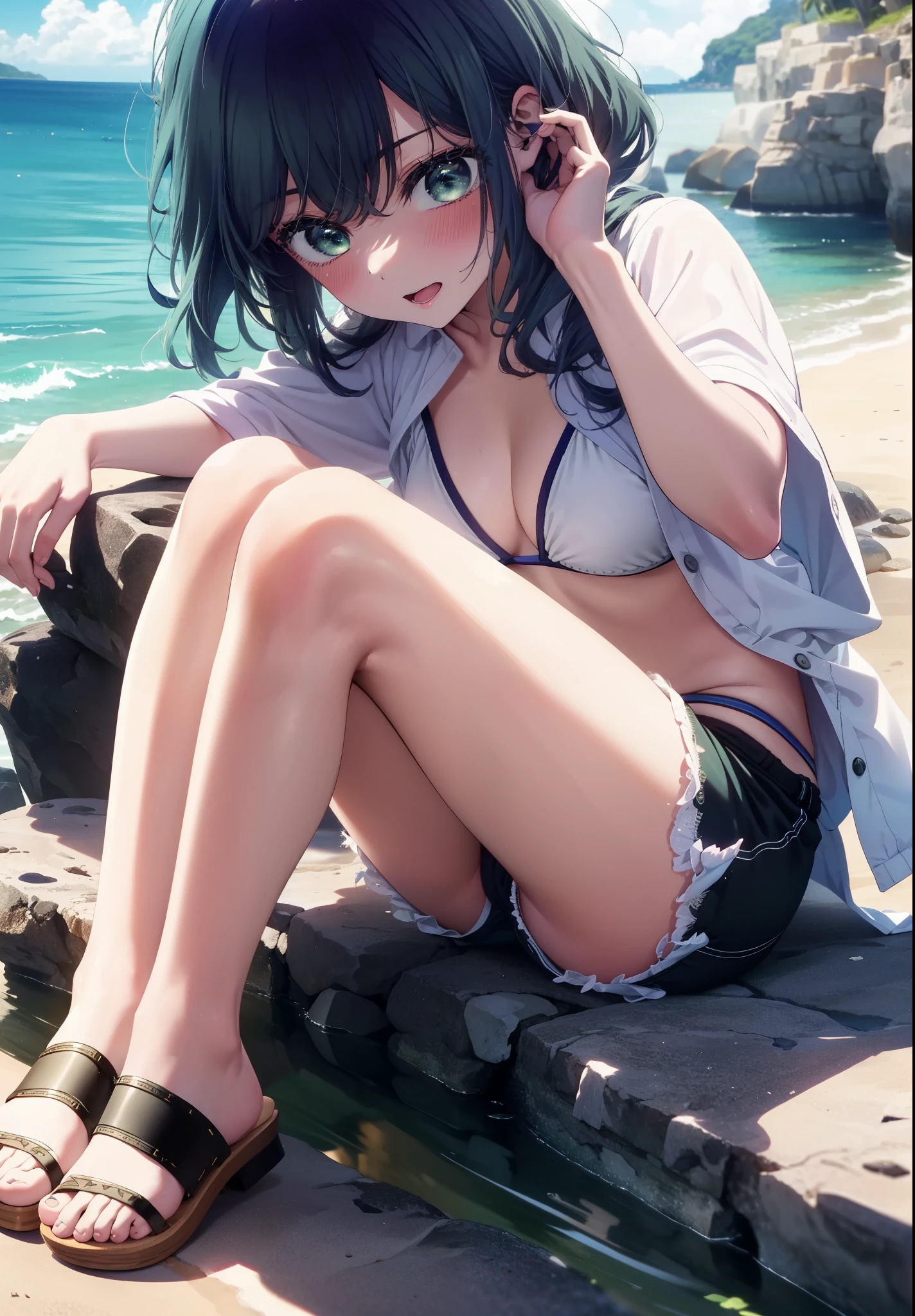 akanekurokawa, akane kurokawa, bangs, (Green Eyes:1.3), Blue Hair, Long Hair, dark Blue Hair,smile,blush,Open your mouth,Medium Breast,White Bikini Swimsuit,Shorts,Cute Sandals,Sitting on a rock,whole bodyがイラストに入るように,
break outdoors, Beach,Sandy Beach,
break looking at viewer,whole body ,
break (masterpiece:1.2), Highest quality, High resolution, unity 8k wallpaper, (figure:0.8), (Beautiful attention to detail:1.6), Highly detailed face, Perfect lighting, Highly detailed CG, (Perfect hands, Perfect Anatomy),